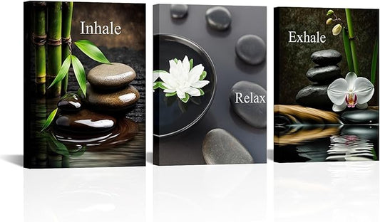 FuShvre Zen Wall Art for Bathroom Zen Stone Bamboo Lotus Orchid Flower Pictures Still Life Prints for Zen Meditation Room Wall Decor Framed 12x16 inch each piece (small)