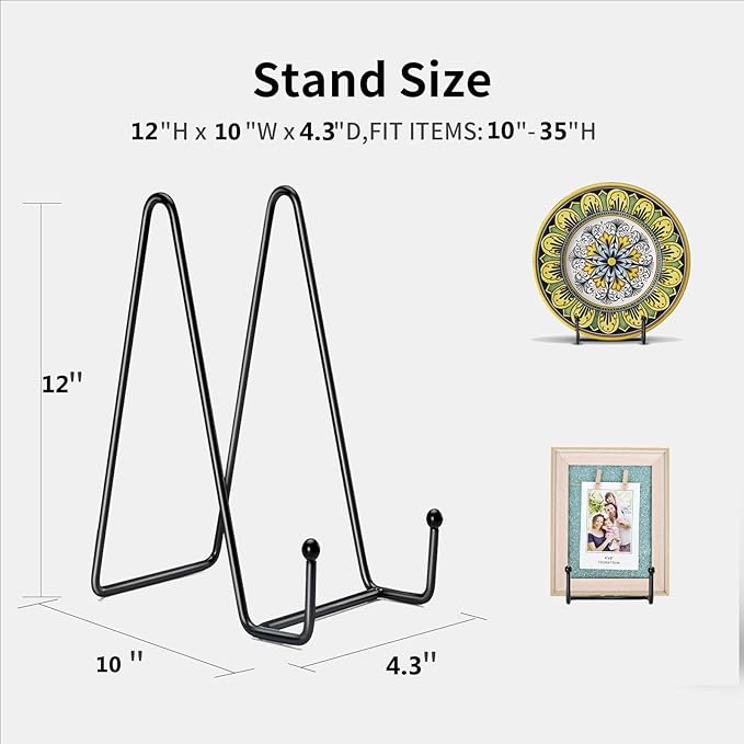 Kruodop 4 pack of 12 inch plate stands for display, black metal frame holder stands for plates, picture frames, books, small easels, decorative plates, photos, platters, and tabletop art(black)