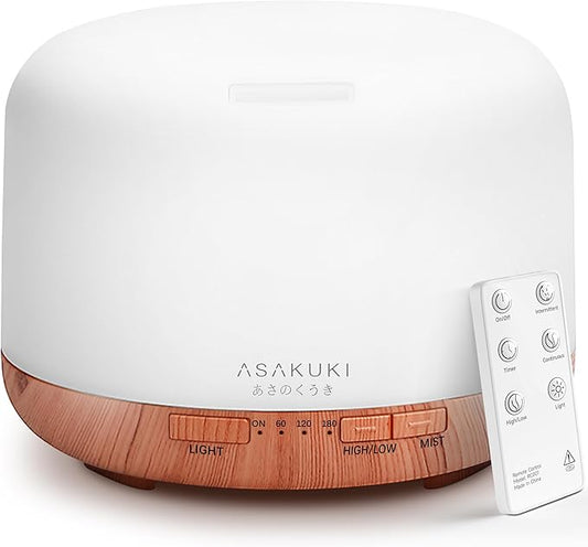 ASAKUKI Essential Oil Diffuser 500ml, Ultrasonic Aromatherapy Humidifier with Remote Control, 7 LED Colors, Timer & Auto-Off, Large Room Diffuser