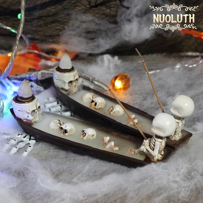 Halloween Incense Burner,backflow Incense Burner,Skull Incense Holder,Hand-Carved Decorations,Cool Room Decorations, Awesome and Ideal Gifts, Brown (2pack, 8.5inch)