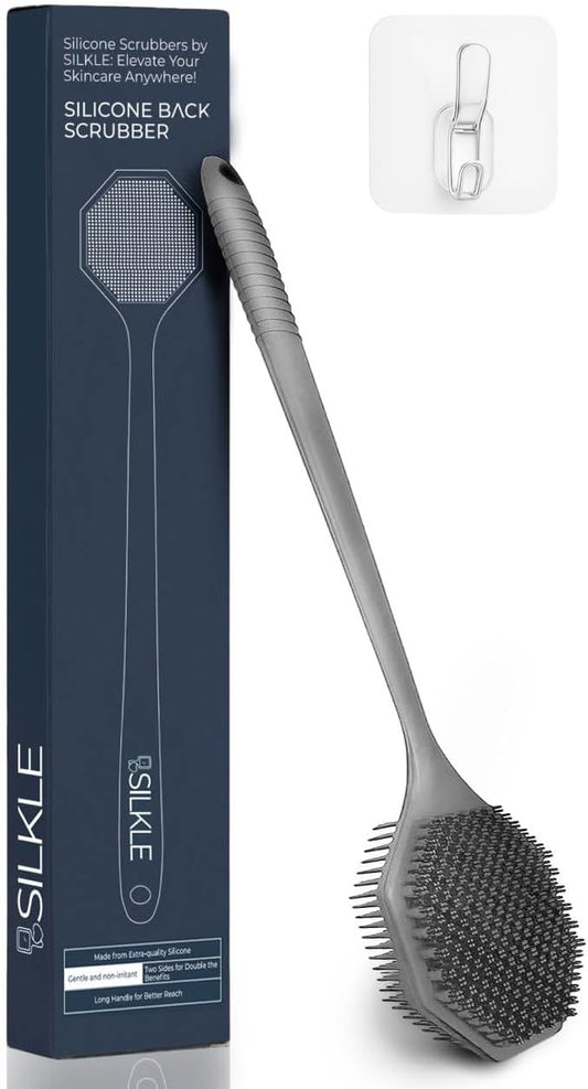 Silicone Back Scrubber with Long Handle - Octagon Body Brush for Shower, Bath, and Exfoliating - Skin Cleansing, Back Scrub and Gentle Silicone Sponge - Wash Your Body with Easy Reach - Gray