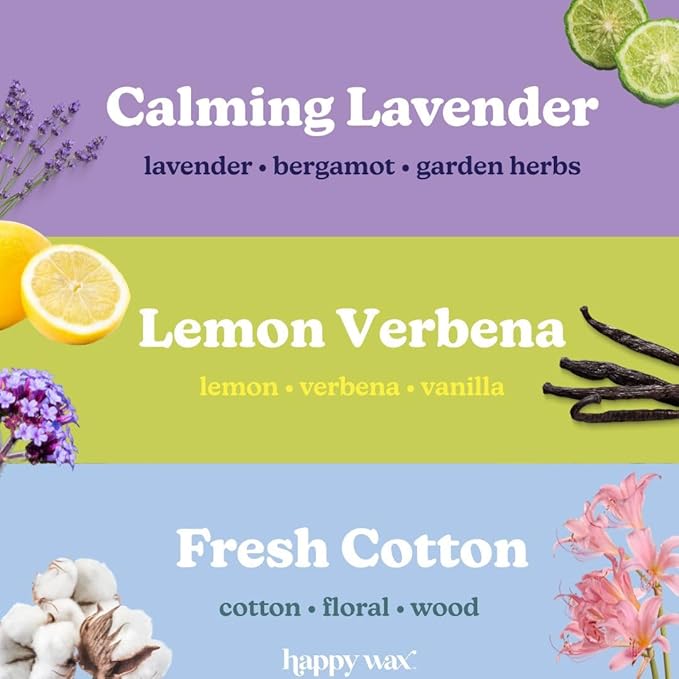 Happy Wax Fresh Mix Collection Premium Scented Non-Toxic, Pet-Friendly Wax Melts - 6 oz Set with Cotton, Lemon Verbena, and Calming Lavender Scents