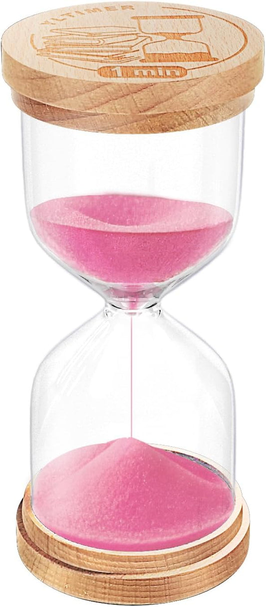 1 Minute Sand Hourglass, Wooden Sand Timer, Small Hour Glass Clock, Pink Sandglass 1 Min for Classroom, Game, Decorative (Pink)