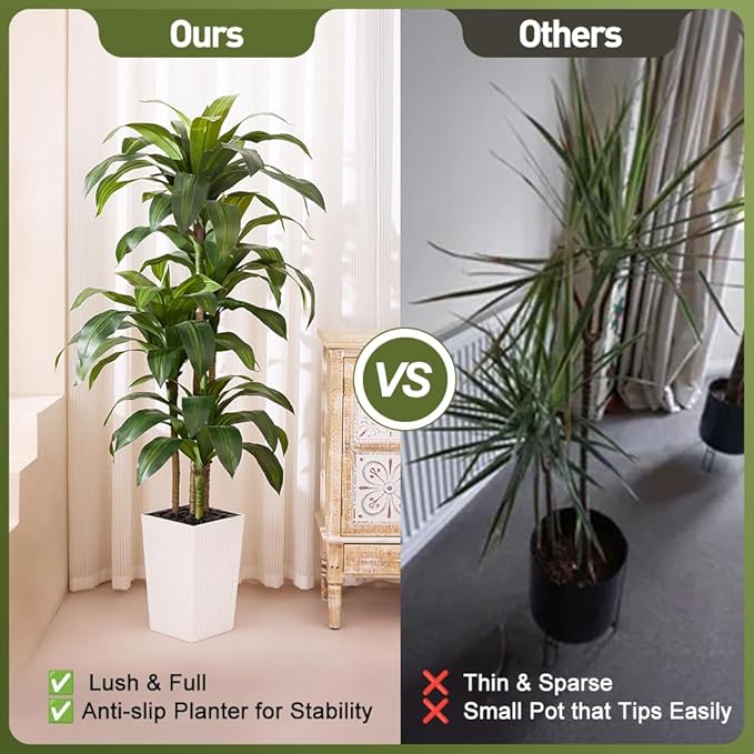 Artificial Dracaena Tree 6FT - Fake Tree with White Taper Planter & Pebbles - UV Resistant Faux Yucca Tropical Plant - Artificial Trees for Home Office Living Room Decor Indoor Outdoor