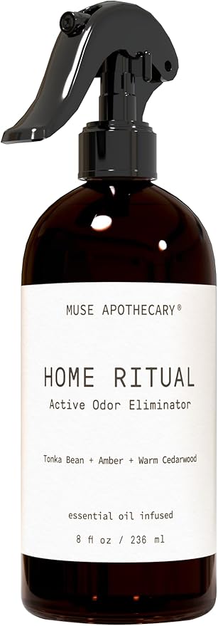 Muse Apothecary Home Ritual Active Odor Eliminator Spray - Furniture Deodorizer Spray & Bathroom Odor Eliminator for Home - Essential Oil Air Freshener - 8oz, Tonka Bean + Amber + Warm Cedarwood