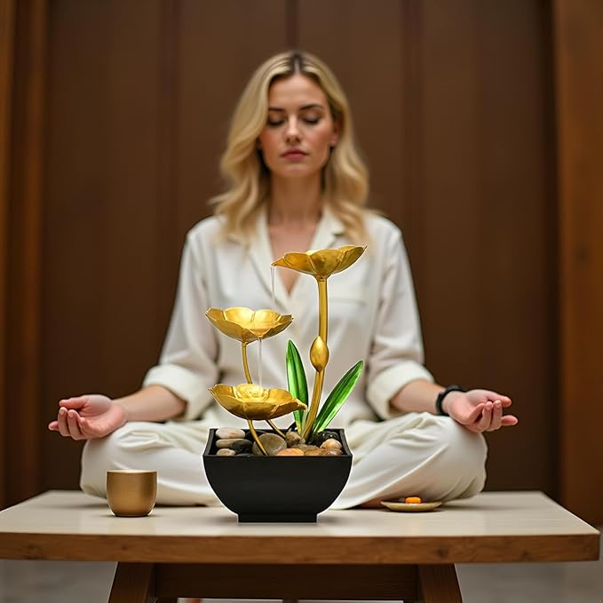 Gold Tabletop Water Fountain, Fall Decor Desktop Waterfall, Indoor Lotus Desktop Decorative Fountain, Home Bathroom Bedroom Decor.