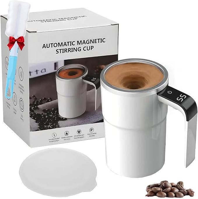 Electric Coffee Mug with a Built-in LCD Thermometer, Electric Self Stirring Coffee Mug Mixer for Desk, Automatic Magnetic Rechargeable Warmer, Travel Cup with Lid for Milk, Cocoa (White)