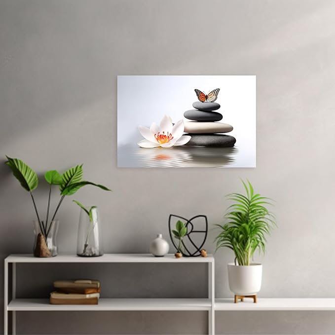 ARTZGX Zen Canvas Wall Art Spa Pictures Wall Decor Flower Zen Stones Butterfly Painting Print for Bathroom Yoga Decor Frame(Zen Flower - A 20.00" x 30.00")