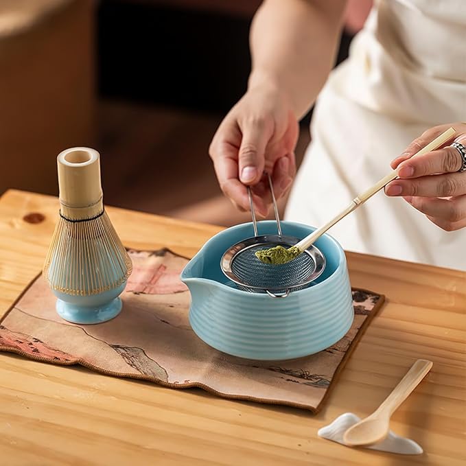 8 Pcs Matcha Whisk Set, Ceramic Matcha Whisk Holder, Ceramic Bowl with Spout, Matcha Ceremony Accessory, Home Kitchen Decor Tea Gifts for Birthdays, Halloween and Christmas (Blue)