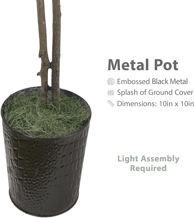 Artificial Ficus Tree in Black Metal Pot - Real Wood Trunk, Preassembled, No Maintenance Indoor Faux Plant - Living Room, Home & Office Decor (6ft Tall)