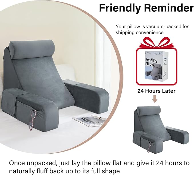 ENITYA Reading Pillow for Sitting in Bed Adult, 19" Back Support Pillow for Bed Sitting up, Backrest Cushion for Reclining,Gaming,Resting,Watching TV in Couch or Floor, Wedge with Arms, Medium(Grey)