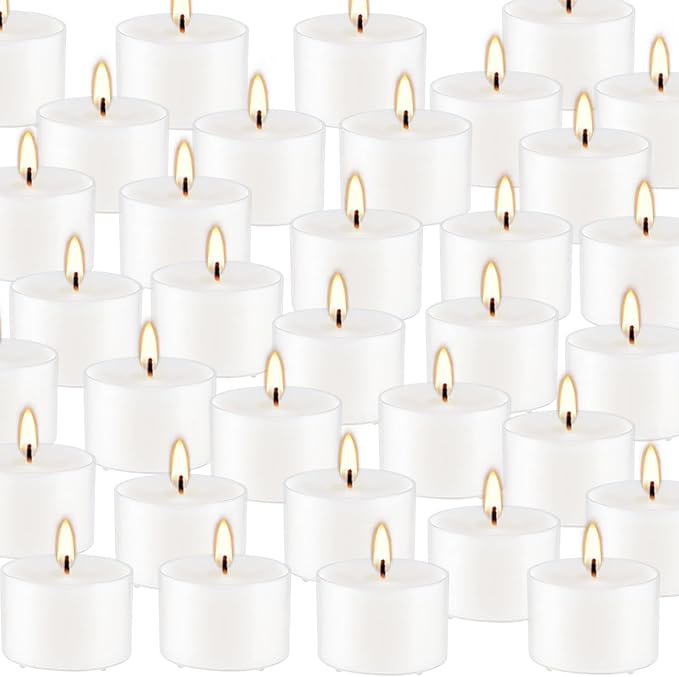 Set of 50 White Scented Tealight Candles Bulk, Vanilla Fragrance Wax with Clear Container, for Restaurant Dinner Weddings Baby Showers, Long Burning, 8 Hours