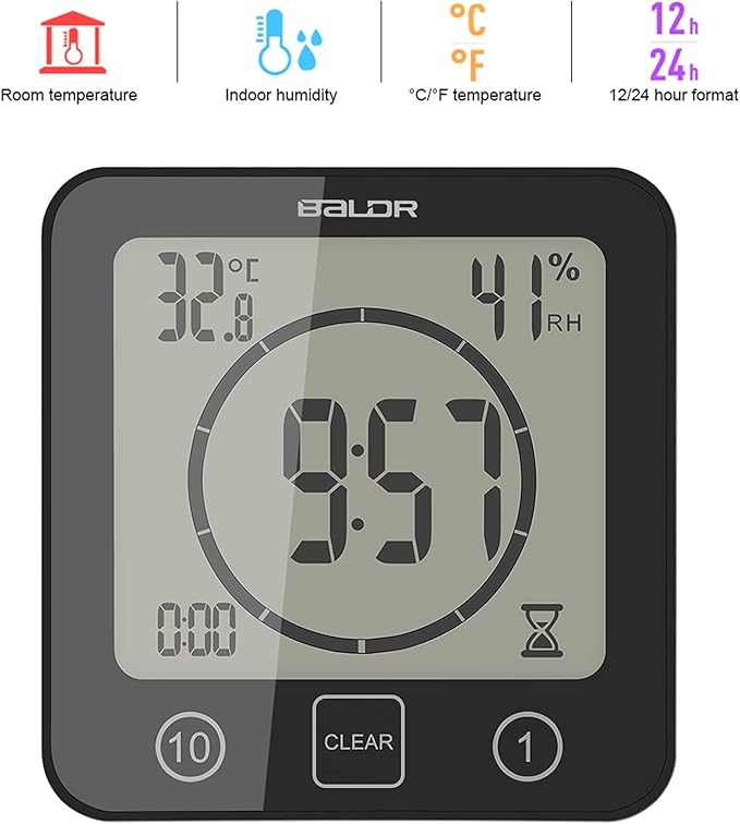Digital Bathroom Shower LCD Wall Clock with Suction, Waterproof Temperature Humidity Gauge, Touch Screen Timer, Large Countdown Timer (Black)