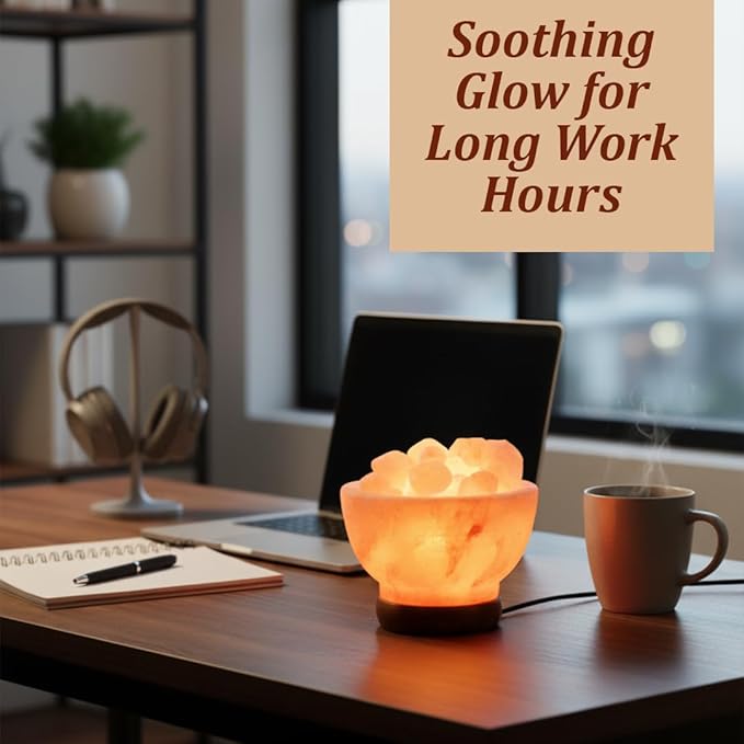 POHS Himalayan Pink Salt Fire Bowl Lamp with Salt Crystal Chunks, dimmable Switch Electrical Cord, with Replaceable Bulbs, Premium Wood Base