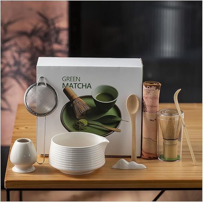 8 Pcs Matcha Whisk Set, Ceramic Matcha Whisk Holder, Ceramic Bowl with Spout, Matcha Ceremony Accessory, Home Kitchen Decor Tea Gifts for Birthdays, Halloween and Christmas (Beige color)