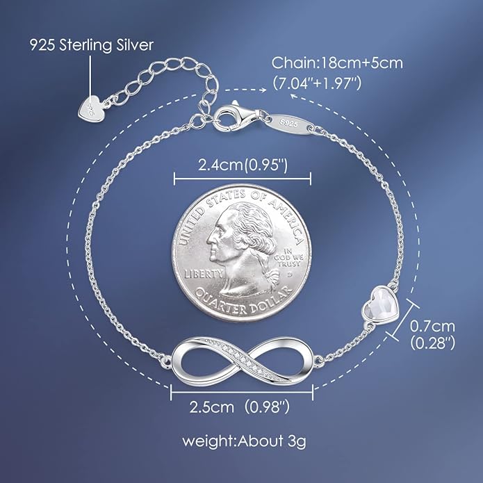 CDE Infinity Heart Birthstone Charm Link Bracelet for Women 925 Sterling Silver Adjustable Mother's Day Gift Anniversary Birthday Jewelry for Wife Girlfriend Her