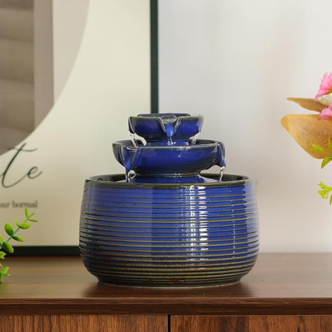 Outdoor and Indoor Water Feature Fountain Waterfall Tabletop Desktop mini Ceramic Garden Fountain (Blue A171)