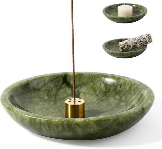 Koville Natural Marble Incense Holder, Incense Holder for Sticks with 9 Holes, Handmade Incense Burner Ash Catcher for Meditation Yoga SPA, Balsam Fir/Palo Santo/Sage/Cone (Green)