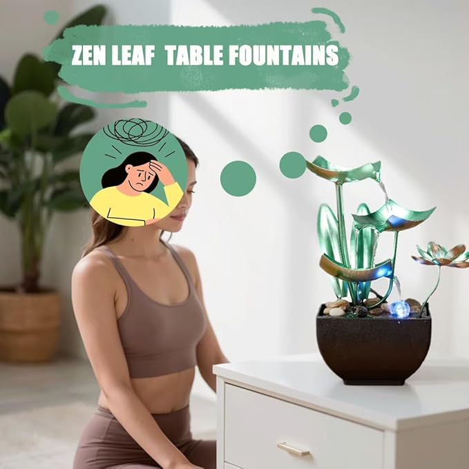 Tabletop Water Fountain: 3-Tier Tabletop Fountain Lotus Desk Relaxation Home Decor - Blooms and Leaves Flowing Water for Relaxing Décor Green