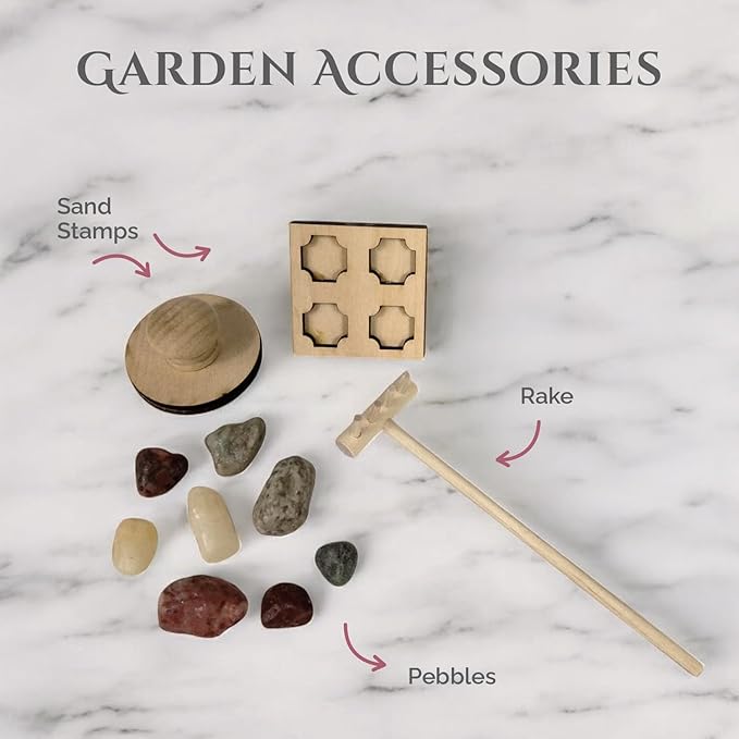 Wooden Zen Garden with Accessories Box | White Sand with Rake & Accessories | Minimalist Decor Gift for Relaxation | Great for Storing Tools and Other Items