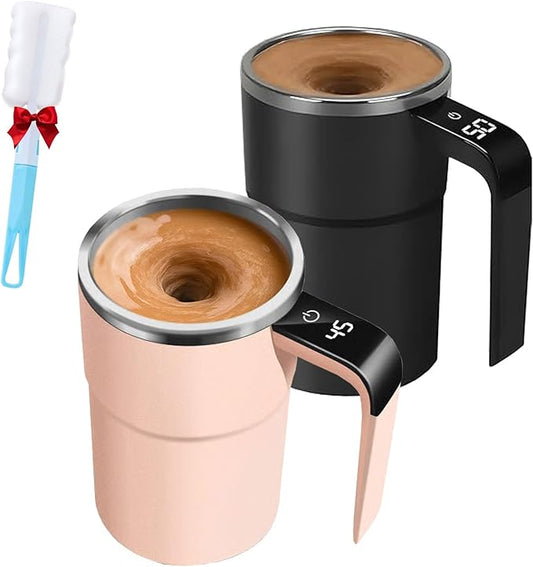 Electric Coffee Mug with a Built-in LCD Thermometer, Electric Self Stirring Coffee Mug Mixer for Desk, Automatic Magnetic Rechargeable Warmer, Travel Cup with Lid for Milk, Cocoa (2pcs-3)