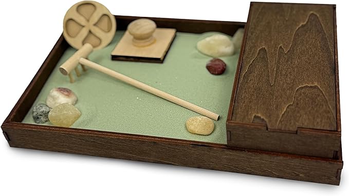 Wooden Zen Garden with Accessories Box | Palo Verde Sand with Rake & Accessories | Minimalist Decor Gift for Relaxation | Great for Storing Tools and Other Items