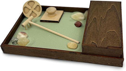Wooden Zen Garden with Accessories Box | Palo Verde Sand with Rake & Accessories | Minimalist Decor Gift for Relaxation | Great for Storing Tools and Other Items