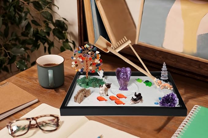 Zen Garden for Desk, with Crystals and Healing Stones & Cat Figurines, Miniature Meditation Sand Garden Stress Relief Desk Decor, Tools for Relaxation and Mindfulness