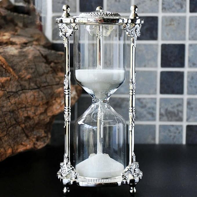 Antique Floral Decorative Hourglass Sand Timer - 15 Minute, Unique Vintage Classic Metal Art Hour Glass for Office Desk Home Decor - Birthday Gift,White