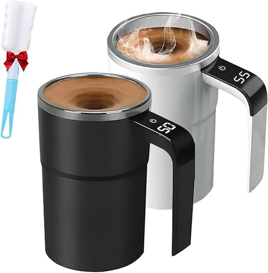 Electric Coffee Mug with a Built-in LCD Thermometer, Electric Self Stirring Coffee Mug Mixer for Desk, Automatic Magnetic Rechargeable Warmer, Travel Cup with Lid for Milk, Cocoa (2pcs-2)