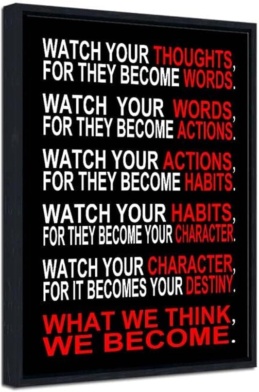 Pyradecor Black Framed Canvas Wall Art Watch Your Thoughts Motivational Classroom Poster Canvas Prints for Office Living Room Home Decorations