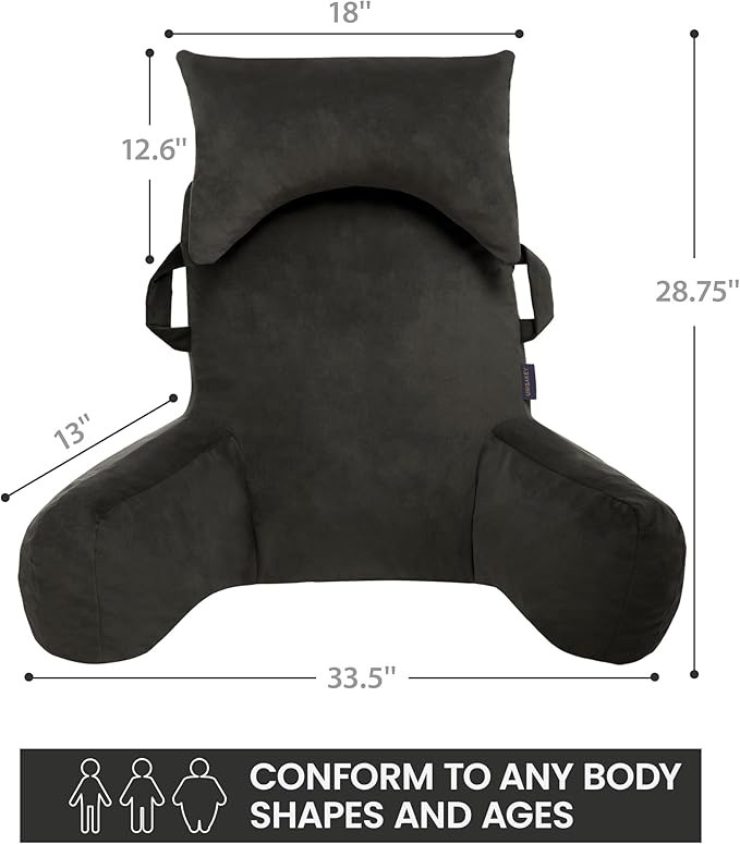 Portable Reading Pillows with Headrest for Bed Sitting Up(Grey Oeko-Tex), Velvet Back Pillow with Arms & Pockets for Adults, Support Memory Foam Bed Pillow for Dorm/Reading/Watching/Gaming