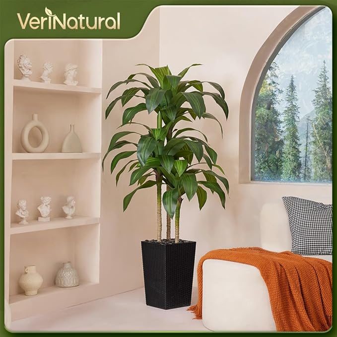 Artificial Dracaena Tree 5FT - Fake Tree with Black Taper Planter & Pebbles - UV Resistant Faux Yucca Tropical Plant - Artificial Trees for Home Office Living Room Decor Indoor Outdoor