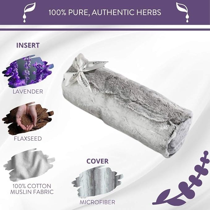 Sonoma Lavender, Lavender Bolster Roll, Microwaveable, Hot/Cold Neck Pillow, Soothing and Relaxing Pain Relief for Neck, Low Back or Behind The Knees, (Angora Platinum)