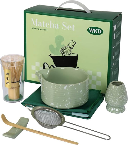Matcha Bowl and Whisk Set, Ceramic Matcha Set Includes Matcha Bowl with Spout, Whisk & Holder, Bamboo Scoop, Stainless Sifter, Towel, Matcha Kit Making Tools,Light Green,7 PCS