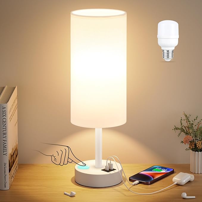 White Touch Bedside Lamp for Bedroom - 3 Way Dimmable Table Lamp with USB, Nightstand Lamp with White Charging Station for Desk Dorm, Girl Kids Room, Small