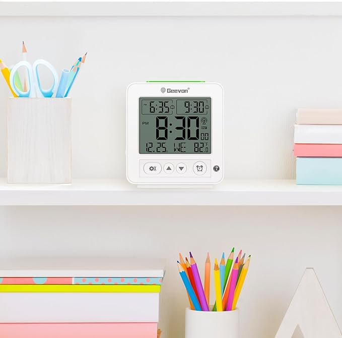 Geevon Small Digital Atomic Alarm Clock for Bedroom, Travel Table Clock with Auto/8s Backlight, 2 Alarm, Temperature, Desk Clock Battery Operated for Deep Sleepers Kids Elderly Home Office, White
