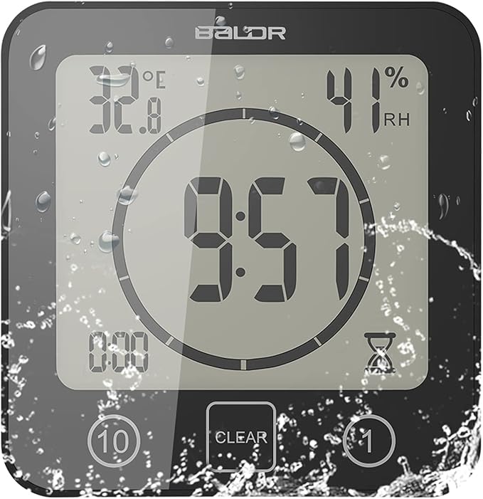 Digital Bathroom Shower LCD Wall Clock with Suction, Waterproof Temperature Humidity Gauge, Touch Screen Timer, Large Countdown Timer (Black)