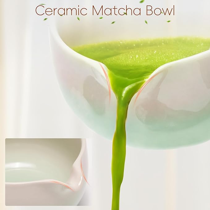 Matcha Whisk Set, Ceramic Matcha Set Includes Bowl & Holder, Bamboo Whisk (Chasen), Scoop, Spoon and Sifter, 6PCS Matcha Kit Covers Everything Needed for Making Matcha (Green)