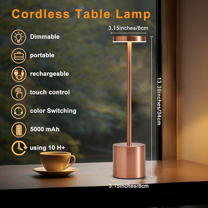 2 Pack Rechargeable Cordless Table Lamps, Portable 5000mAh Battery Table Light, 3 Color Stepless Dimming LED Table Light with Memory Function, Touch Lamp For Outdoor/Patio/Restaurant(Rose Gold)