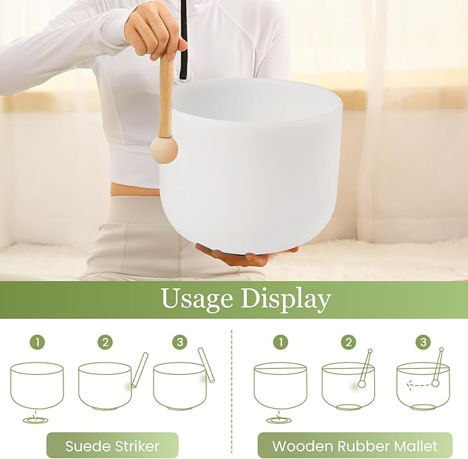 432HZ 12 Inchs Frosted Crystal Singing Bowl Set for Meditation Healing Yoga Chakra Quartz Crystal Sound Bowls with Heavy Duty Carry Case and Rubber Mallet,Suede Striker,O-rings
