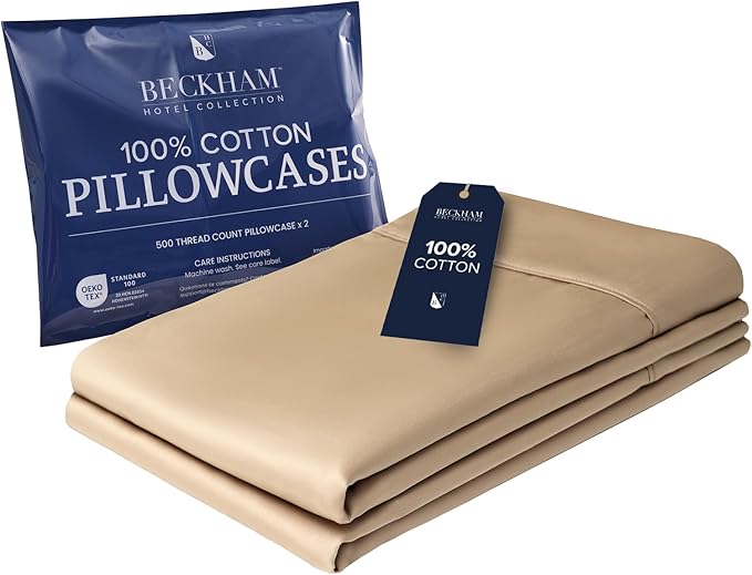 Beckham Hotel Collection Bed Pillowcases King Size Set of 2, 500TC 100% Cotton, Luxury Sateen Bedding, Open End, Breathable, Moisture-Wicking, Sand
