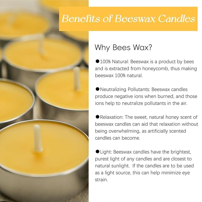 48 Pack Beeswax Tea Candles in Aluminum Cup, 4 Hours Burn Time, Natural Beeswax Tealight Candles for Gift Choice, Home Decor, Air Purification, Honey Scent Pure Bees Wax Tea Lights