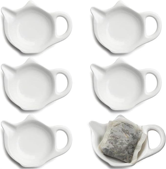 Tea Bag Holder for Used Tea Bag Teapot Shaped Tea Bag Coasters Tea Bag Saucers Set of 6- Keep Your Tea Time Tidy and Organized, White