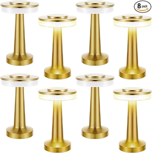 VIHOSE 8 Pcs Gold Cordless Table Lamps LED Portable Rechargeable Table Lamp with Touch Sensor 3 Color Dimming up to 15 Hours Battery Desk Light for Restaurant Nursery Living Room