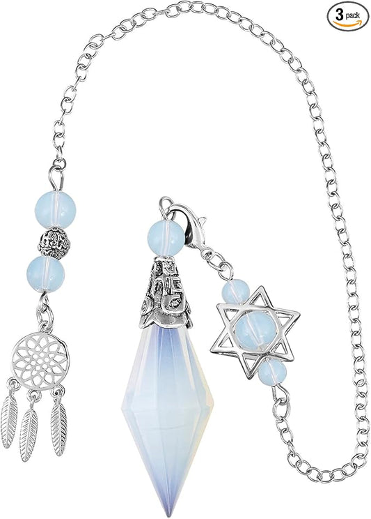 TUMBEELLUWA Reiki Healing Crystal Point Pendulum Dowsing Divination, Reiki Meditation Faceted Stone Pendant with Dream Catcher and Merkaba Star Chain, Opalite