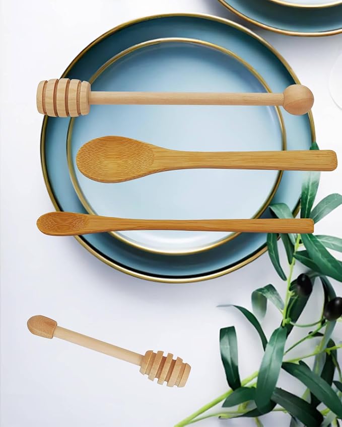 Wooden Honey Dipper Sticks and Spoon - 8Pcs Wooden Spoon for Honey Sticks Spreading & Scooping Used in Kitchens and for Picnics Party
