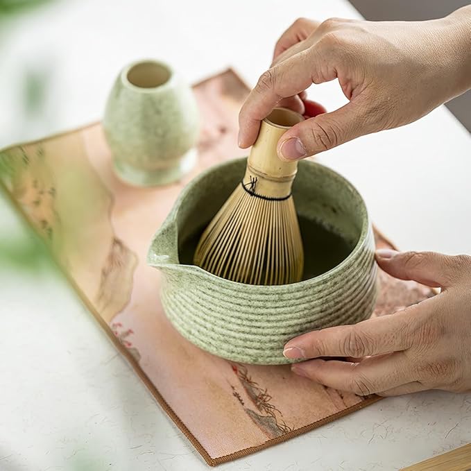 8 Pcs Matcha Whisk Set, Ceramic Matcha Whisk Holder, Ceramic Bowl with Spout, Matcha Ceremony Accessory, Home Kitchen Decor Tea Gifts for Birthdays, Halloween and Christmas (Greenish Color)