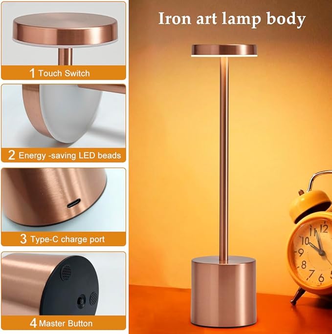 2 Pack Rechargeable Cordless Table Lamps, Portable 5000mAh Battery Table Light, 3 Color Stepless Dimming LED Table Light with Memory Function, Touch Lamp For Outdoor/Patio/Restaurant(Rose Gold)