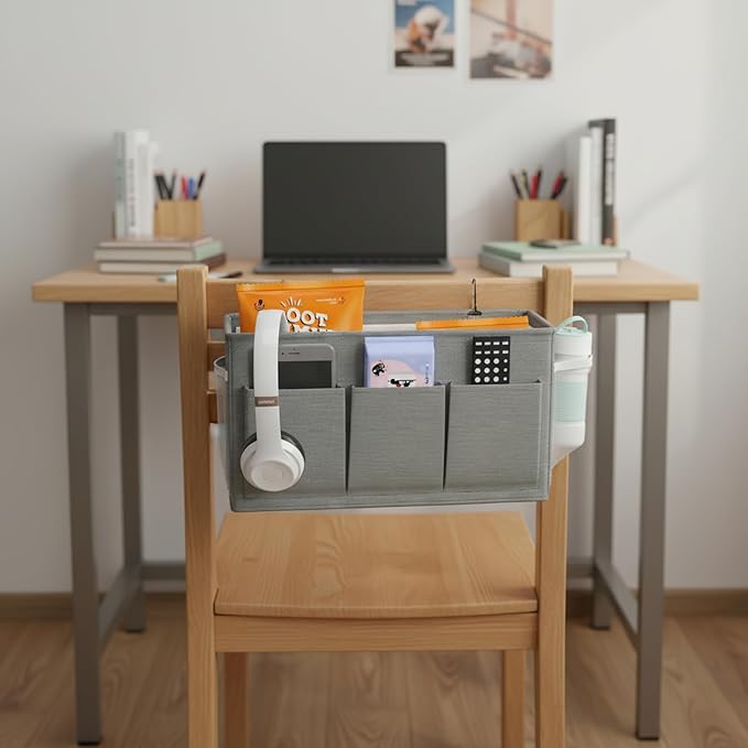 Bedside Caddy Organizer,Bed Hanging Storage Bag for Dorm Utility Carts Bed Rails,Book Phone Magazine Holder(6 Pockets,Grey)